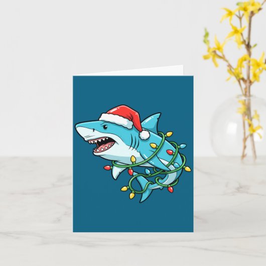 Christmas Shark Santa Hat Wrapped In Lights Funny  カード (黄色い花)
