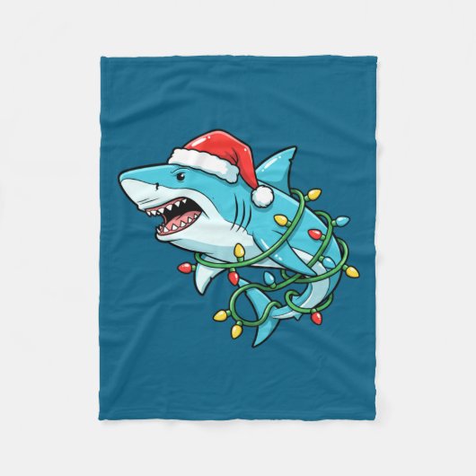 Christmas Shark Santa Hat Wrapped In Lights Funny  フリースブランケット (正面)