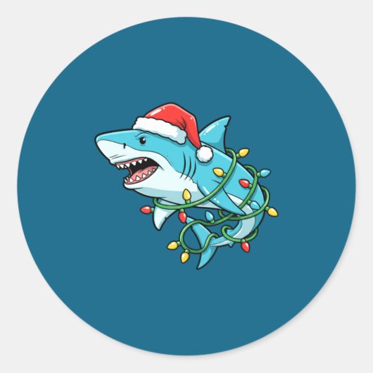 Christmas Shark Santa Hat Wrapped In Lights Funny  ラウンドシール (正面)