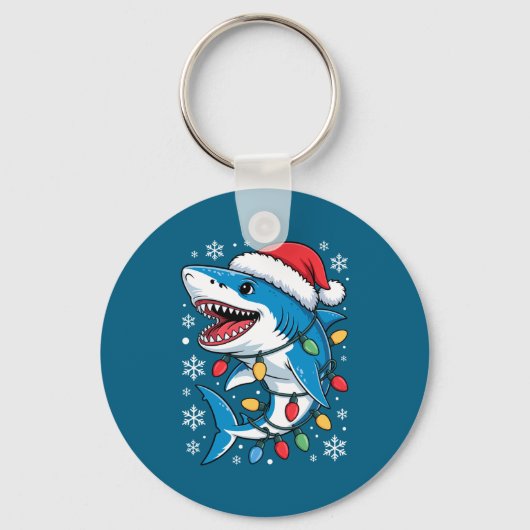 Christmas Shark Santa Hat Wrapped Lights Holiday S キーホルダー (正面)