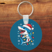 Christmas Shark Santa Hat Wrapped Lights Holiday S キーホルダー (正面)