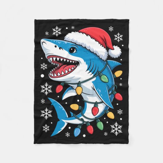 Christmas Shark Santa Hat Wrapped Lights Holiday S フリースブランケット (正面)