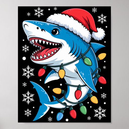 Christmas Shark Santa Hat Wrapped Lights Holiday S ポスター (正面)