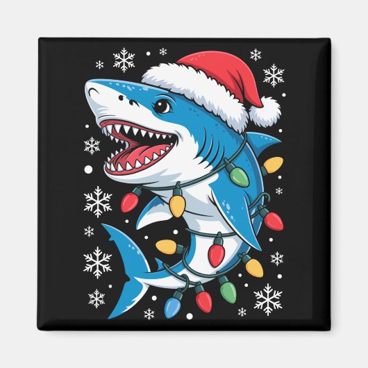 Christmas Shark Santa Hat Wrapped Lights Holiday S マグネット (正面)