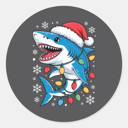 Christmas Shark Santa Hat Wrapped Lights Holiday S ラウンドシール (正面)