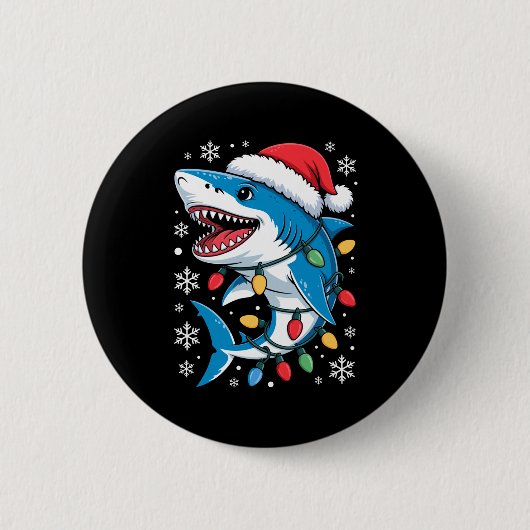 Christmas Shark Santa Hat Wrapped Lights Holiday S 缶バッジ (正面)