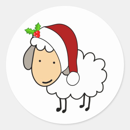 Christmas Sheep Wearing A Santa Hat ラウンドシール (正面)
