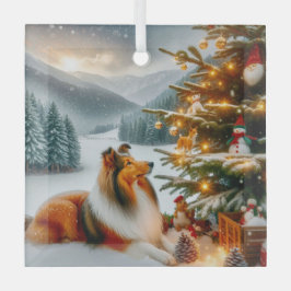 Christmas Shetland Sheepdog Holiday ガラスオーナメント