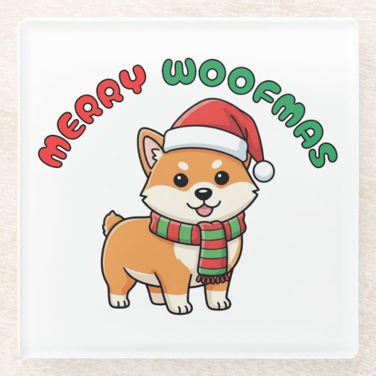 Christmas Shiba Inu Coaster: Merry Woofmas ガラスコースター (正面)
