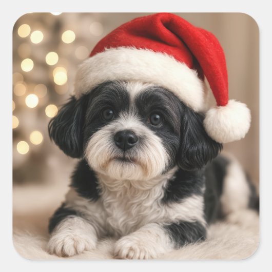 Christmas Shih Tzu Dog With Santa Hat スクエアシール (正面)