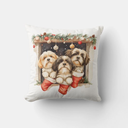 Christmas Shih Tzu Dogs クッション (正面)