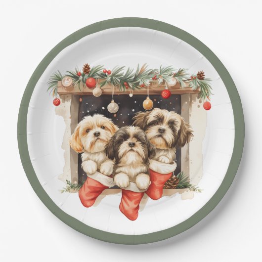 Christmas Shih Tzu Dogs ペーパープレート (正面)