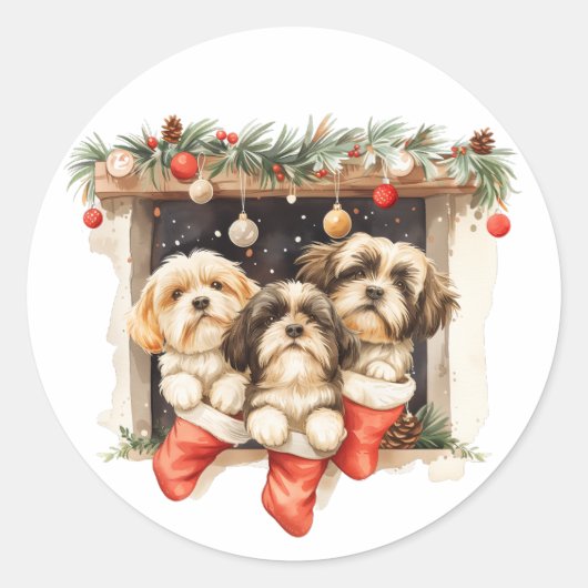 Christmas Shih Tzu Dogs ラウンドシール (正面)
