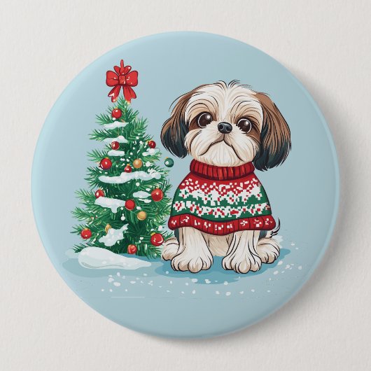 Christmas Shih Tzu Santa Dog 缶バッジ (正面)