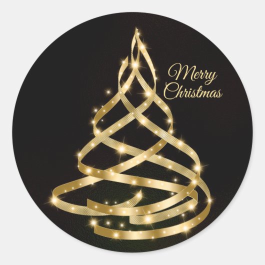 Christmas Shiny Golden Ribbon Tree Sparkle Black ラウンドシール (正面)