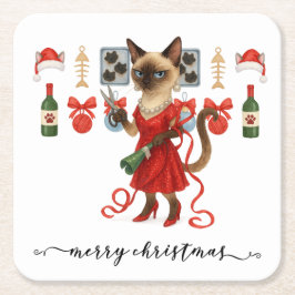 Christmas Siamese Cat is celebrating at home スクエアペーパーコースター