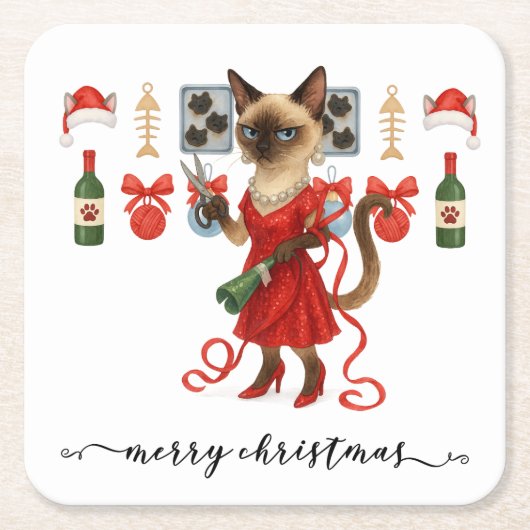 Christmas Siamese Cat is celebrating at home スクエアペーパーコースター (正面)