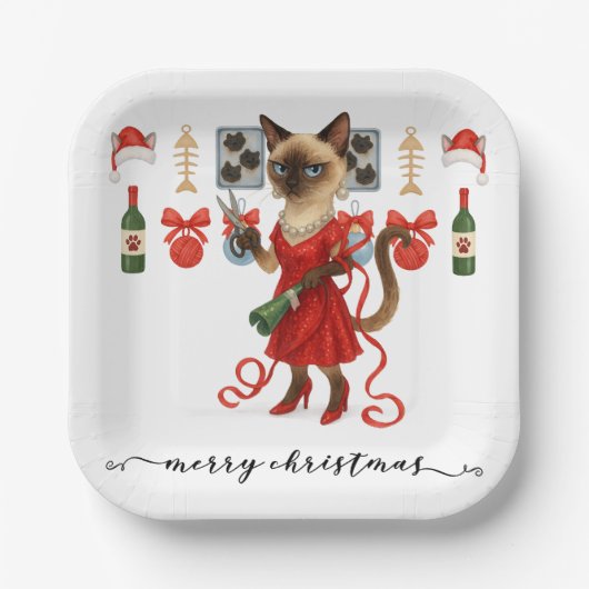 Christmas Siamese Cat is celebrating at home ペーパープレート (正面)