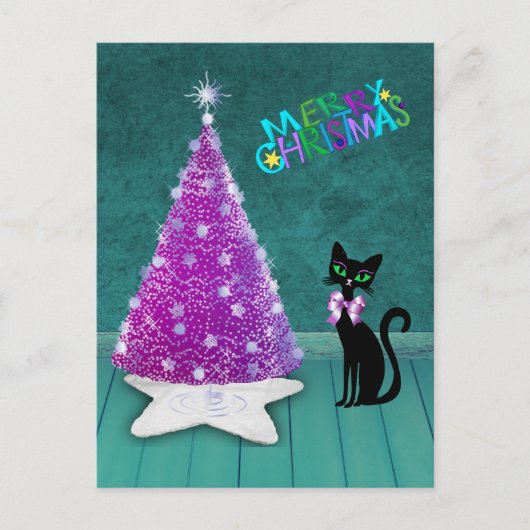 Christmas Silver Pink Tree Atomic Black Cat Teal ポストカード (正面)