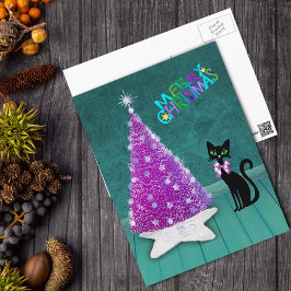 Christmas Silver Pink Tree Atomic Black Cat Teal ポストカード