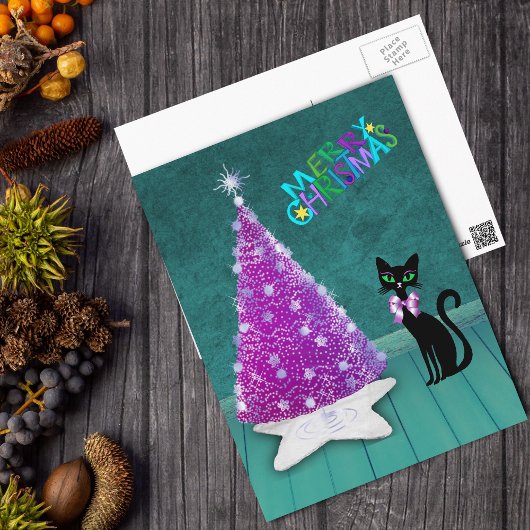Christmas Silver Pink Tree Atomic Black Cat Teal ポストカード