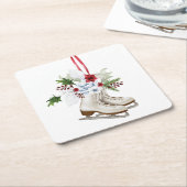 Christmas skating shoes with flowers and leaves スクエアペーパーコースター (アングル)