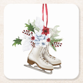 Christmas skating shoes with flowers and leaves スクエアペーパーコースター
