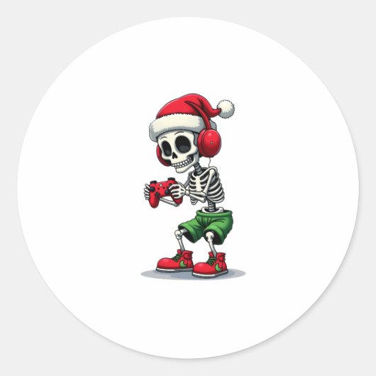Christmas skeleton Gamer Pajamas xmas skull gaming ラウンドシール (正面)