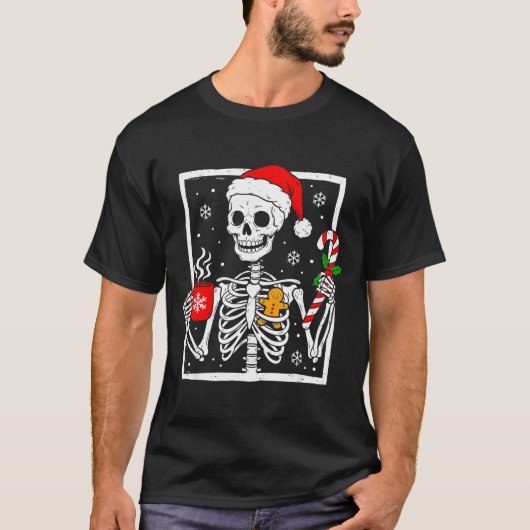 Christmas Skeleton Hat Santa Coffee Candy Cane Xma Tシャツ (正面)