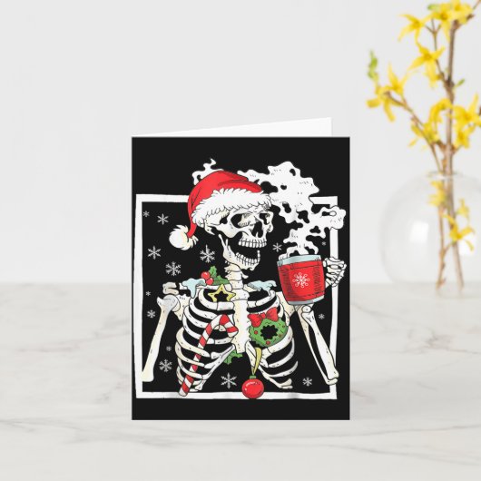 Christmas Skeleton With Smiling Skull Drinking Cof カード (黄色い花)