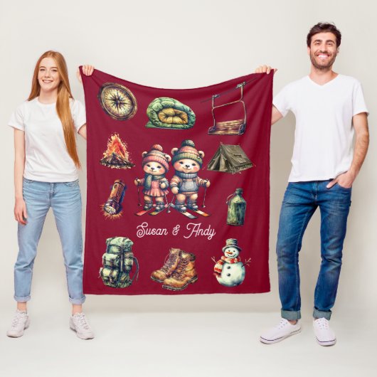 Christmas Ski Animal Adventure Bear Outdoor Maroon フリースブランケット (インサイチュ)