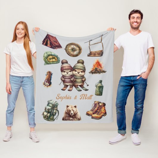 Christmas Skiing Animal Otter Couple Outdoor Gray フリースブランケット (インサイチュ)