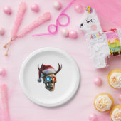 Christmas Skull with Santa Hat and Antlers Mystic  ペーパープレート (パーティー)