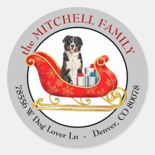 Christmas Sleigh Bernese Mountain Dog Address ラウンドシール (正面)