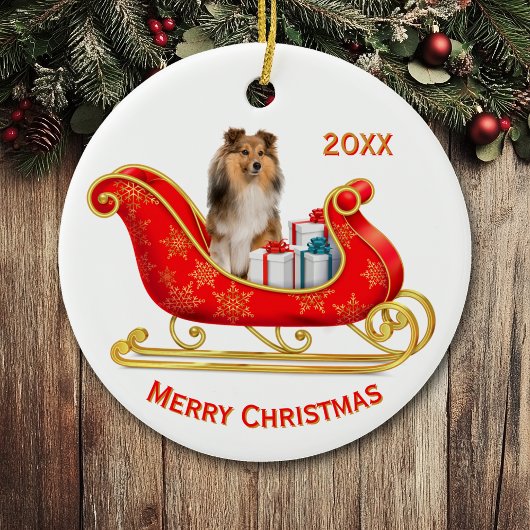 Christmas Sleigh Shetland Sheepdog セラミックオーナメント