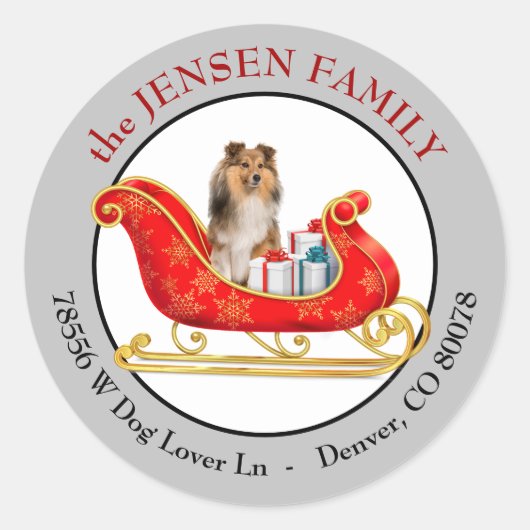 Christmas Sleigh Shetland Sheepdog Return Address ラウンドシール (正面)