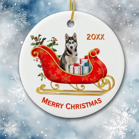 Christmas Sleigh Siberian Husky Dog セラミックオーナメント