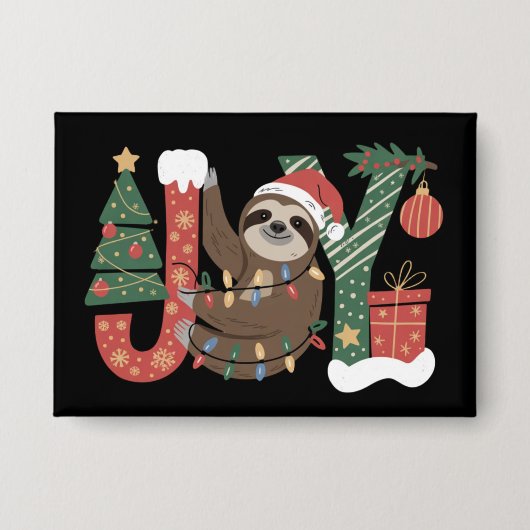 Christmas Sloth Holiday Tree Gifts Joy Cute Funny 缶バッジ (正面)