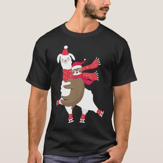 Christmas Sloth Riding Llama Ice Skating Alpaca Tシャツ (正面)
