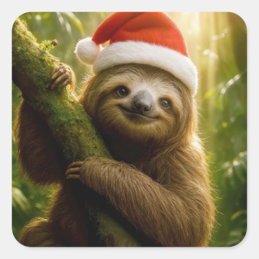 Christmas Sloth Wearing a Santa Hat スクエアシール (正面)