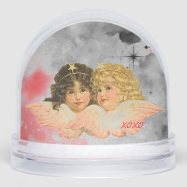 CHRISTMAS SNOW GLOBE VINTAGE ANGEL AND RED ROSE 