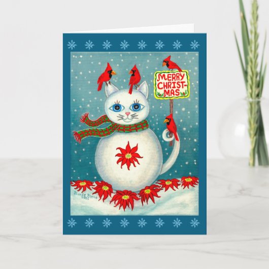 Christmas Snowcat Cardinal Bird Snowman Poinsettia カード (正面)