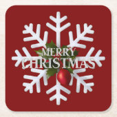 Christmas Snowflake And Shy Red Berry スクエアペーパーコースター (正面)