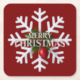 Christmas Snowflake And Shy Red Berry スクエアペーパーコースター