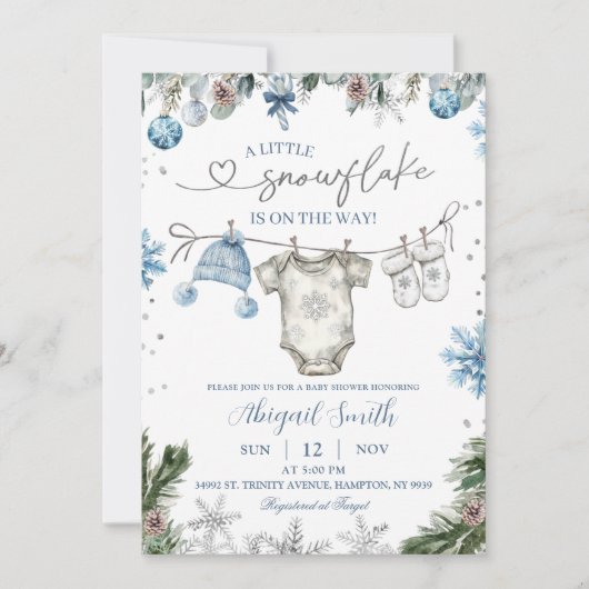 Christmas Snowflake clothesline Baby Shower 招待状 (正面)