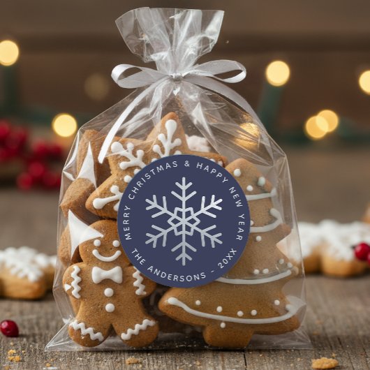 Christmas Snowflake Navy Blue Faux Silver Elegant ラウンドシール