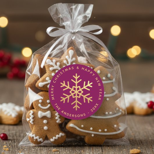 Christmas Snowflake Wine Color Elegant Faux Gold ラウンドシール