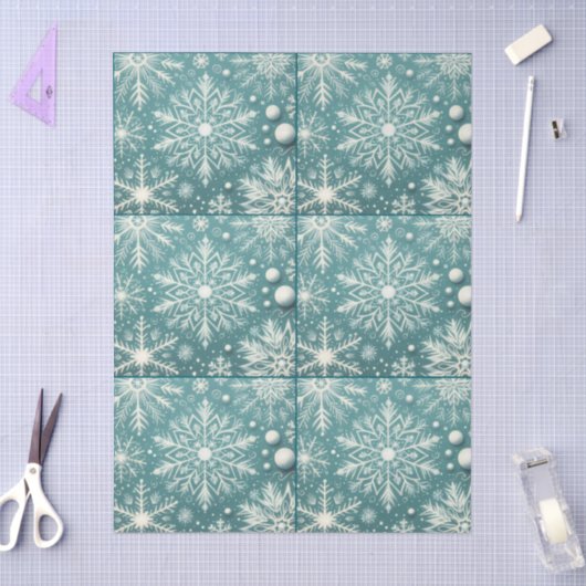 Christmas Snowflakes Snow Teal White Decoupage 薄葉紙 (クラフト)