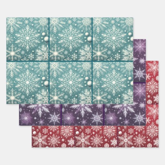 Christmas Snowflakes Teal Red Purple Decoupage ラッピングペーパーシート (セット)