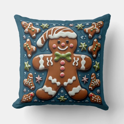 Christmas Snowing Gingerbread Man Throw Pillow クッション (正面)